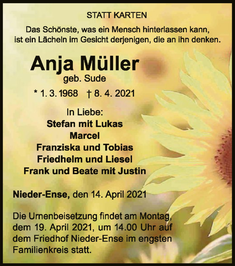  Traueranzeige für Anja Müller vom 14.04.2021 aus WLZ