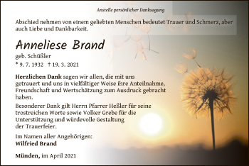 Traueranzeige von Anneliese Brand von WLZ