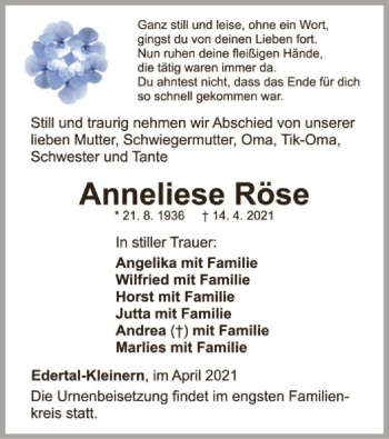 Traueranzeige von Anneliese Röse von WLZ