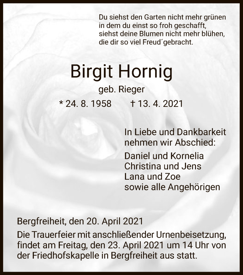  Traueranzeige für Birgit Hornig vom 20.04.2021 aus HNA