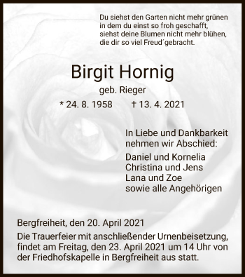 Traueranzeige von Birgit Hornig von HNA