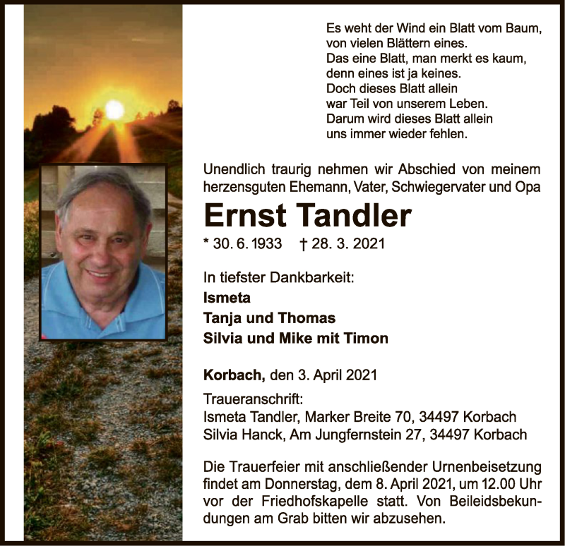 Traueranzeige für Ernst Tandler vom 03.04.2021 aus WLZ