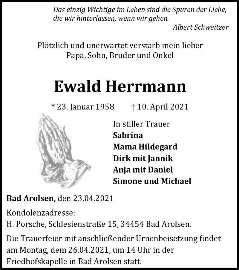  Traueranzeige für Ewald Herrmann vom 23.04.2021 aus WLZ