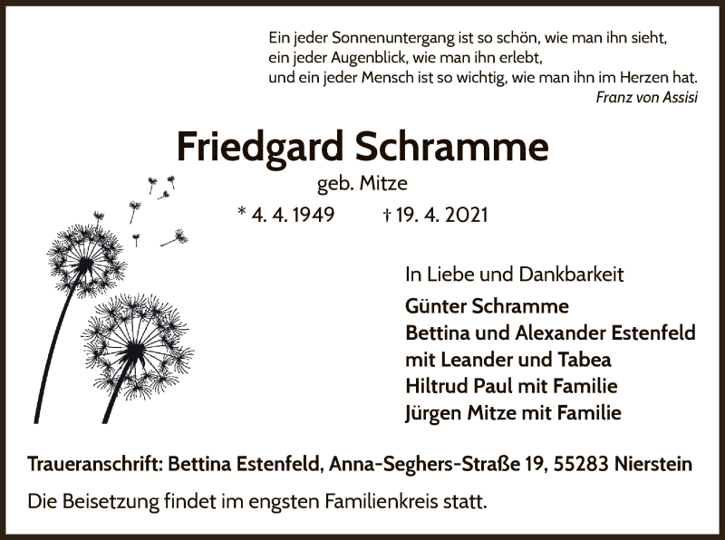  Traueranzeige für Friedgard Schramme vom 24.04.2021 aus WLZ