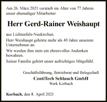 Traueranzeige von Gerd-Rainer Weishaupt von WLZ