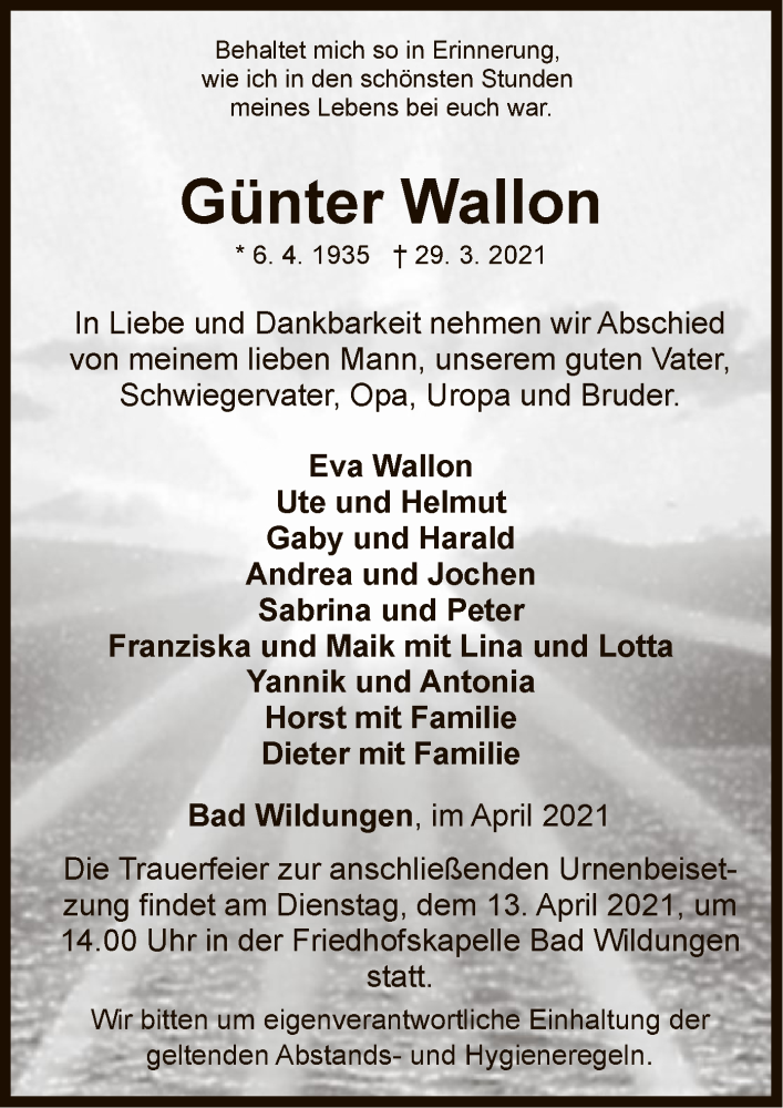  Traueranzeige für Günter Wallon vom 09.04.2021 aus WLZ