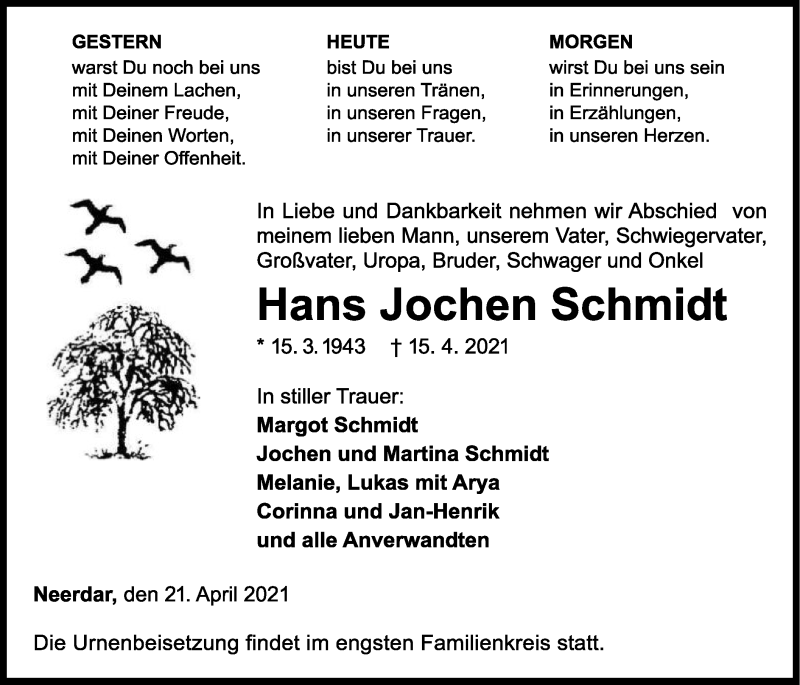  Traueranzeige für Hans Jochen Schmidt vom 21.04.2021 aus WLZ