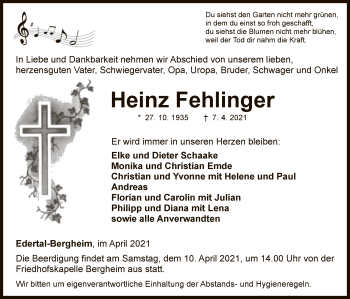 Traueranzeige von Heinz Fehlfinger von WLZ