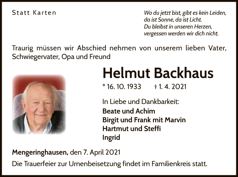  Traueranzeige für Helmut Backhaus vom 07.04.2021 aus WLZ