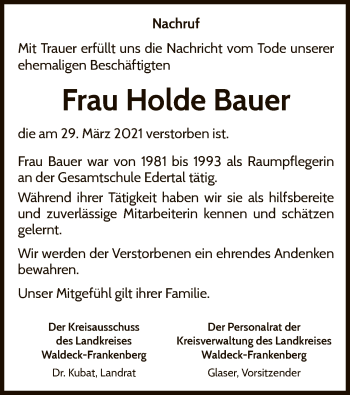 Traueranzeige von Holde Bauer von WLZ