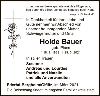 Traueranzeige von Holde Bauer von WLZ