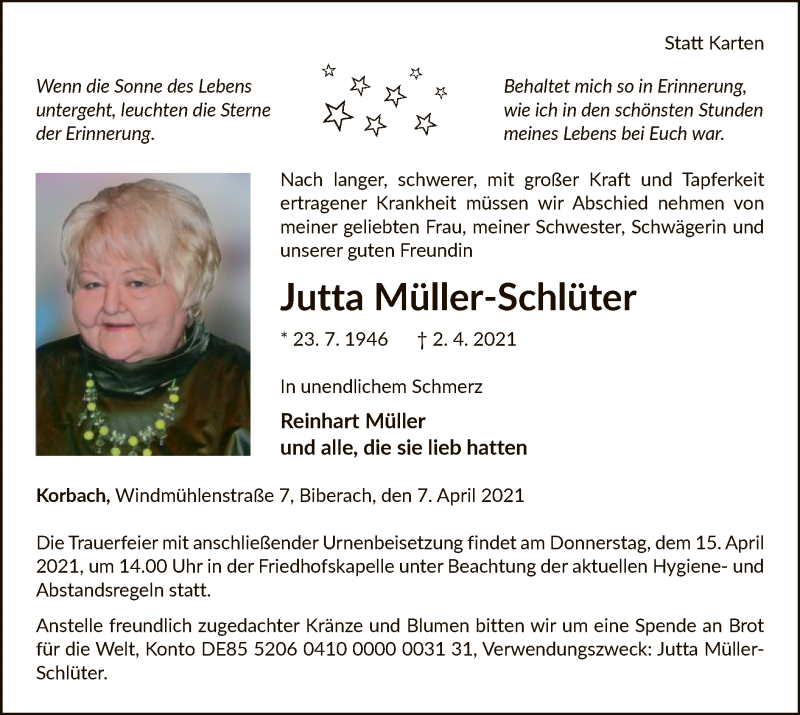  Traueranzeige für Jutta Müller-Schlüter vom 07.04.2021 aus WLZ