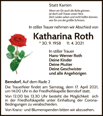 Traueranzeige von Katharina Roth von WLZ