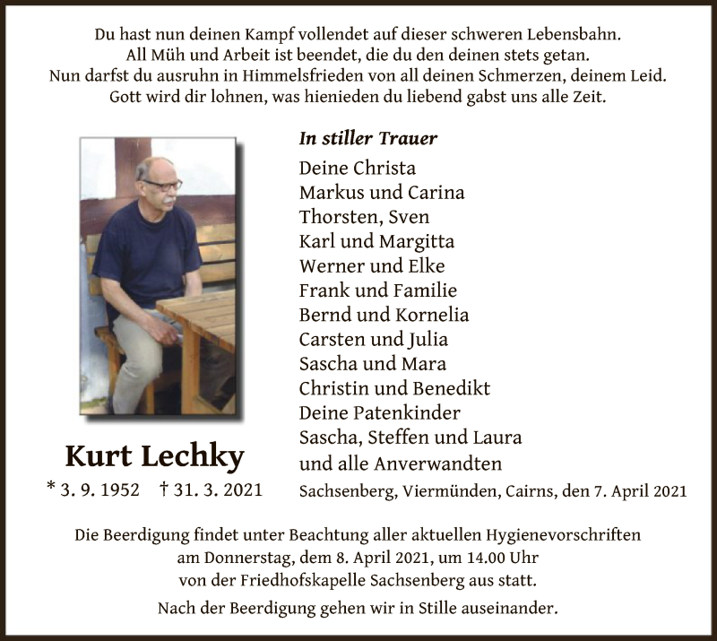  Traueranzeige für Kurt Lechky vom 07.04.2021 aus WLZ