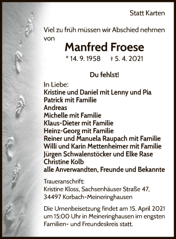 Traueranzeige von Manfred Froese von WLZ