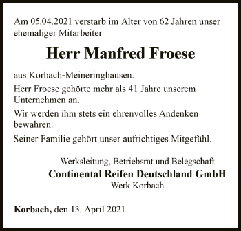 Traueranzeige von Manfred Froese von WLZ