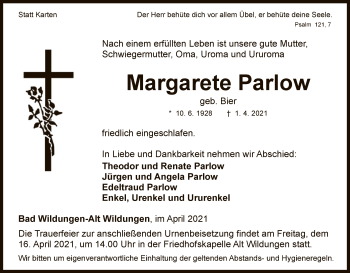 Traueranzeige von Margarete Parlow von WLZ