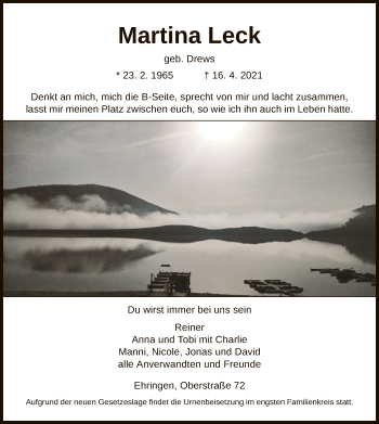 Traueranzeige von Martina Leck von HNA