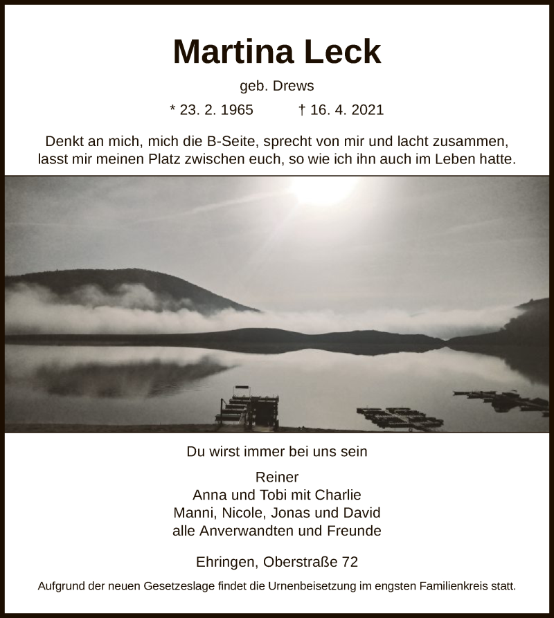  Traueranzeige für Martina Leck vom 24.04.2021 aus HNA