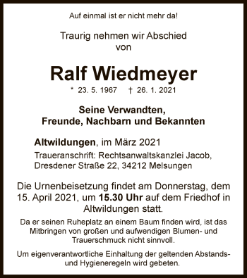 Traueranzeige von Ralf Wiedmeyer von WLZ