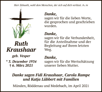 Traueranzeige von Ruth Kraushaar von HNA