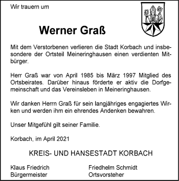 Traueranzeige von Werner Graß von WLZ