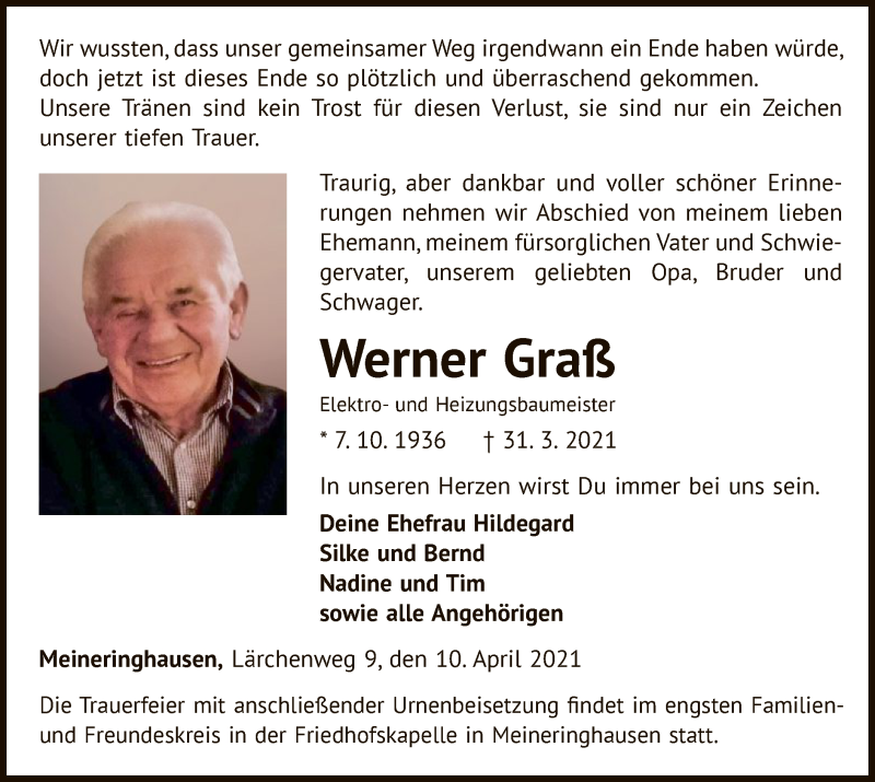  Traueranzeige für Werner Graß vom 10.04.2021 aus WLZ