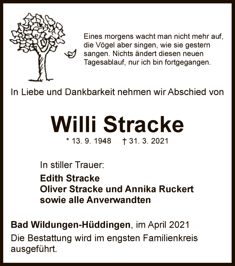  Traueranzeige für Willi Stracke vom 03.04.2021 aus WLZ