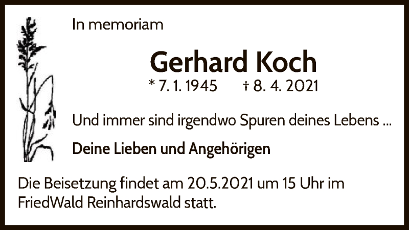  Traueranzeige für Gerhard Koch vom 01.05.2021 aus WLZ