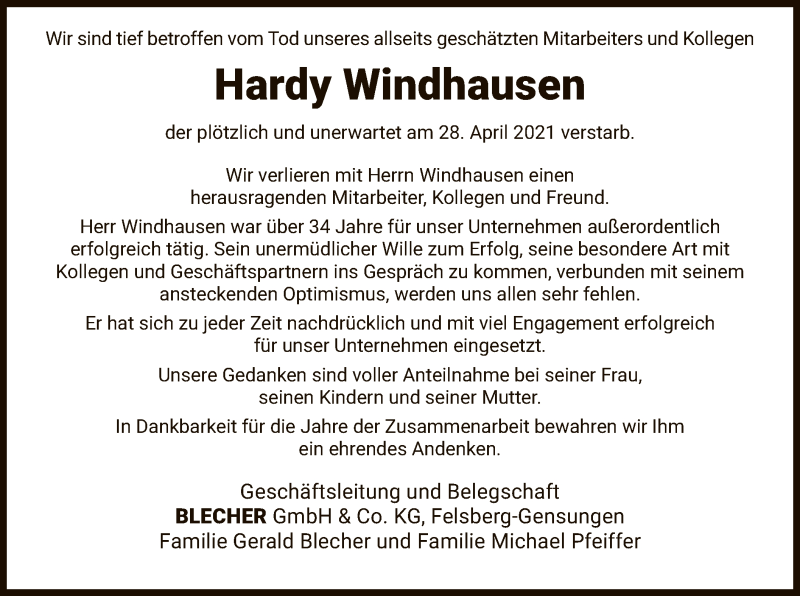  Traueranzeige für Hardy Windhausen vom 07.05.2021 aus WLZ