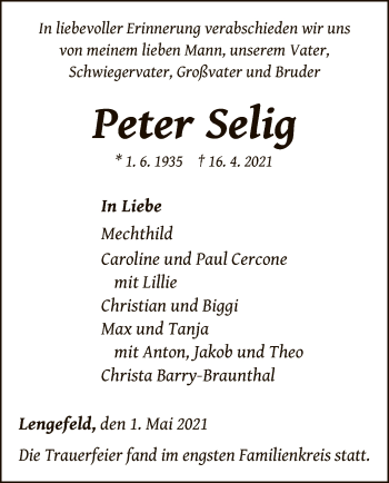 Traueranzeige von Peter Selig von WLZ