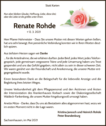 Traueranzeige von Renate Rohde von WLZ