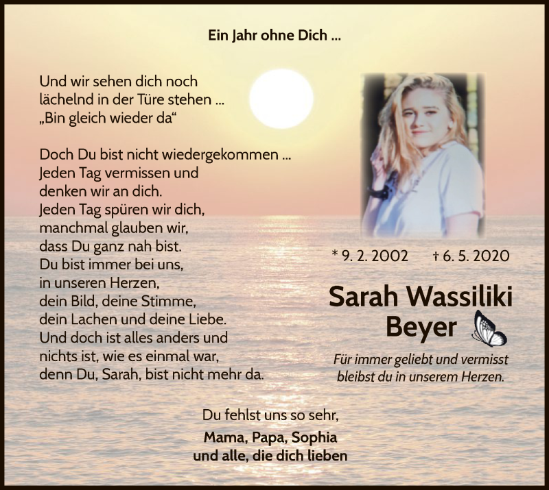  Traueranzeige für Sarah Wassiliki Beyer vom 06.05.2021 aus WLZ