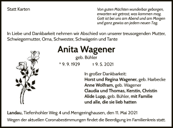 Traueranzeige von Anita Wagener von WLZ