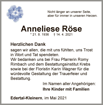 Traueranzeige von Anneliese Röse von WLZ