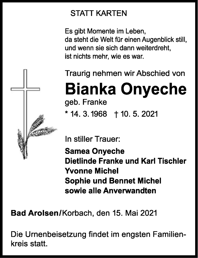  Traueranzeige für Bianka Onyeche vom 15.05.2021 aus WLZ