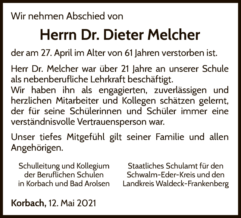  Traueranzeige für Dieter Melcher vom 12.05.2021 aus WLZ
