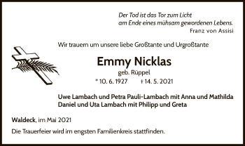 Traueranzeige von Emmy Nicklas von WLZ