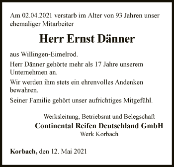 Traueranzeige von Ernst Dänner von WLZ