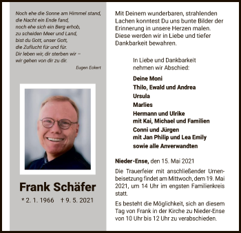 Traueranzeige von Frank Schäfer von WLZ