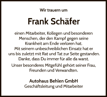 Traueranzeige von Frank Schäfer von WLZ