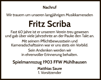 Traueranzeige von Fritz Scriba von WLZ