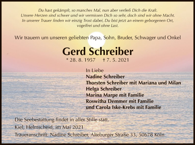 Traueranzeige für Gerd Schreiber vom 11.05.2021 aus WLZ
