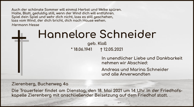  Traueranzeige für Hannelore Schneider vom 15.05.2021 aus HNA