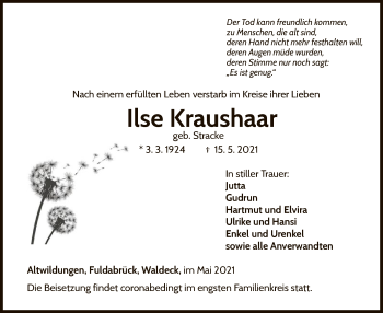 Traueranzeige von Ilse Kraushaar von WLZ