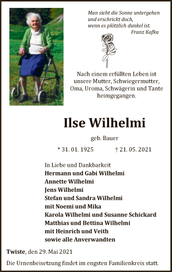 Traueranzeige von Ilse Wilhelmi von WLZ