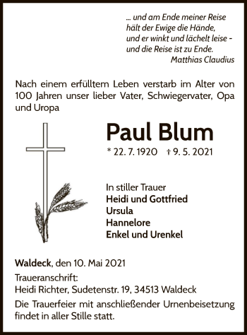 Traueranzeige von Paul Blum von WLZ