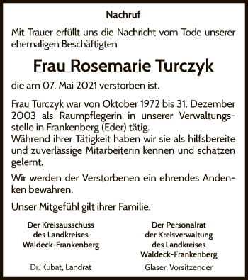 Traueranzeige von Rosemarie Turczyk von WLZ