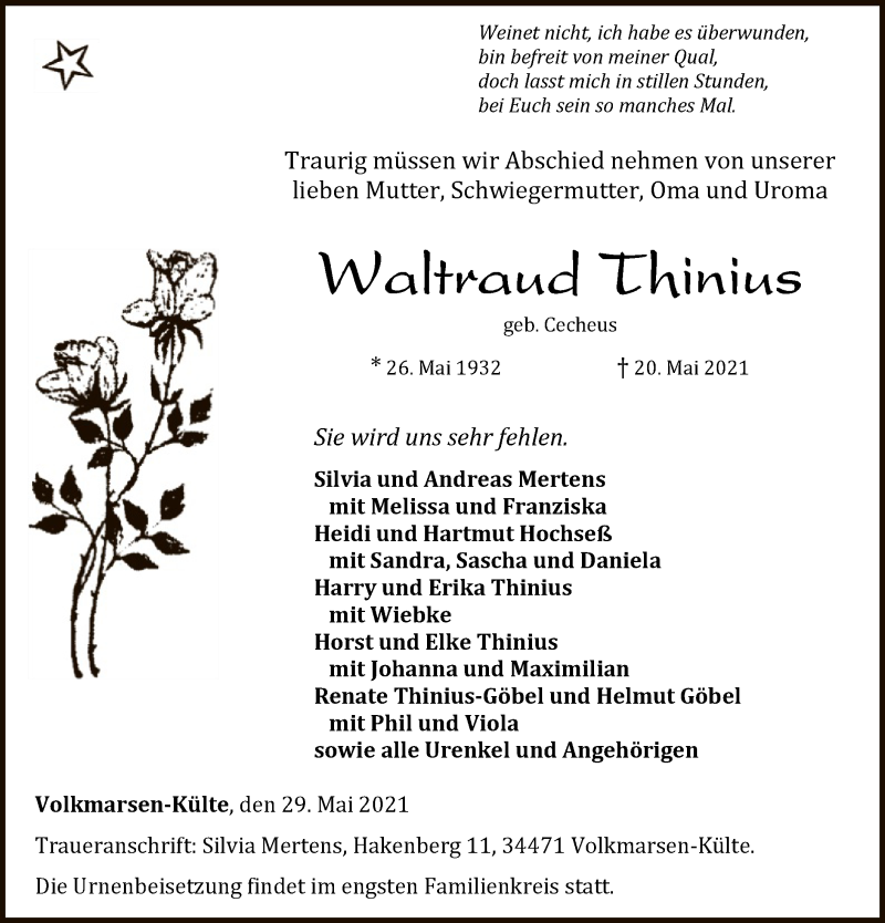  Traueranzeige für Waltraud Thinius vom 29.05.2021 aus WLZ