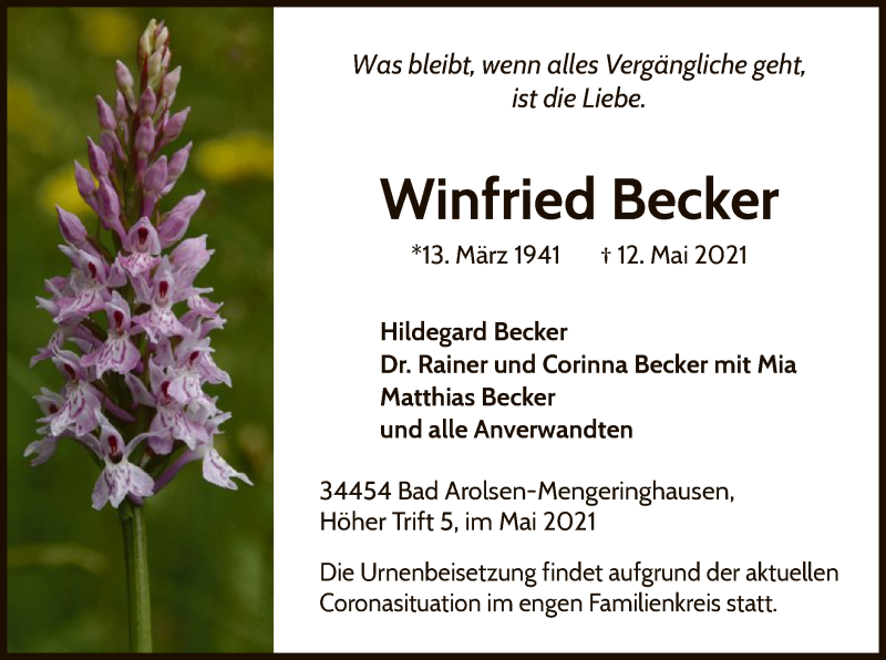  Traueranzeige für Winfried Becker vom 18.05.2021 aus WLZ